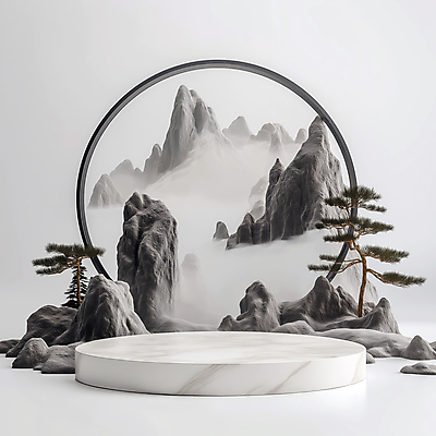 JPG 구름 편집이미지 전통소품 한국 사람없음 안개 바위 소나무 산수화 포디움 몽환 편집실사 AI컴퓨터그래픽 AI콘텐츠 자연요소 나무 전통 아시아 컨셉 날씨 무대 돌_바위 동양화 CG 오브젝트 파일형식