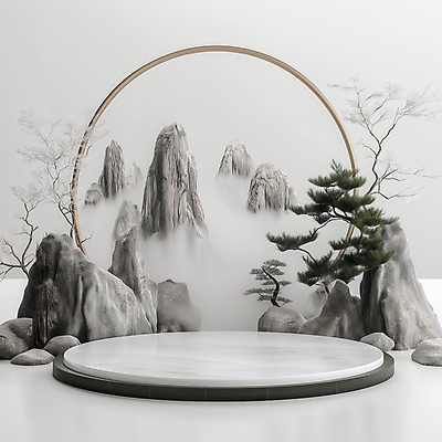 JPG 구름 편집이미지 전통소품 한국 사람없음 안개 바위 소나무 산수화 포디움 몽환 편집실사 AI컴퓨터그래픽 AI콘텐츠 자연요소 나무 전통 아시아 컨셉 날씨 무대 돌_바위 동양화 CG 오브젝트 파일형식