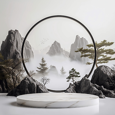 JPG 구름 편집이미지 전통소품 한국 사람없음 안개 바위 소나무 산수화 포디움 몽환 편집실사 AI컴퓨터그래픽 AI콘텐츠 자연요소 나무 전통 아시아 컨셉 날씨 무대 돌_바위 동양화 CG 오브젝트 파일형식