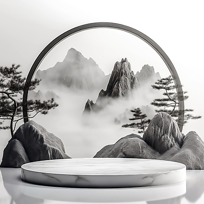 JPG 구름 편집이미지 전통소품 한국 사람없음 안개 바위 소나무 산수화 포디움 몽환 편집실사 AI컴퓨터그래픽 AI콘텐츠 자연요소 나무 전통 아시아 컨셉 날씨 무대 돌_바위 동양화 CG 오브젝트 파일형식