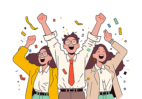 전신 여자 남자 일러스트 성공 웃음 정장 상반신 성인 세명 만세 직장인 동료 즐거움 브이 꽃가루 성인만 국내일러스트 일러캐릭터 AI파일 직업 캐릭터 옷 감정 컨셉 관계 모션 표정 사람 손짓 가루 파일형식 벡터