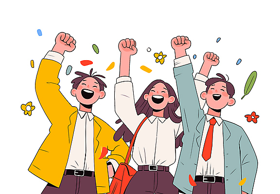 전신 여자 남자 가방 일러스트 성공 웃음 정장 상반신 성인 세명 만세 직장인 동료 즐거움 꽃가루 성인만 국내일러스트 일러캐릭터 AI파일 직업 캐릭터 잡화 옷 감정 컨셉 관계 모션 표정 사람 가루 파일형식 벡터