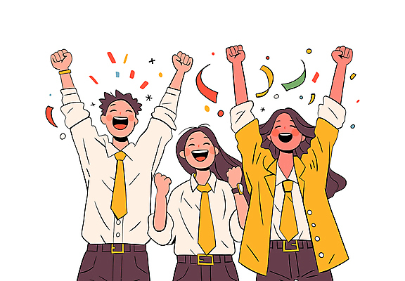 전신 여자 남자 일러스트 성공 웃음 정장 상반신 성인 세명 만세 직장인 동료 즐거움 꽃가루 성인만 국내일러스트 일러캐릭터 AI파일 직업 캐릭터 옷 감정 컨셉 관계 모션 표정 사람 가루 파일형식 벡터