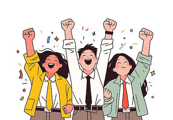 전신 여자 남자 일러스트 성공 웃음 정장 상반신 성인 세명 만세 직장인 동료 즐거움 꽃가루 성인만 국내일러스트 일러캐릭터 AI파일 직업 캐릭터 옷 감정 컨셉 관계 모션 표정 사람 가루 파일형식 벡터