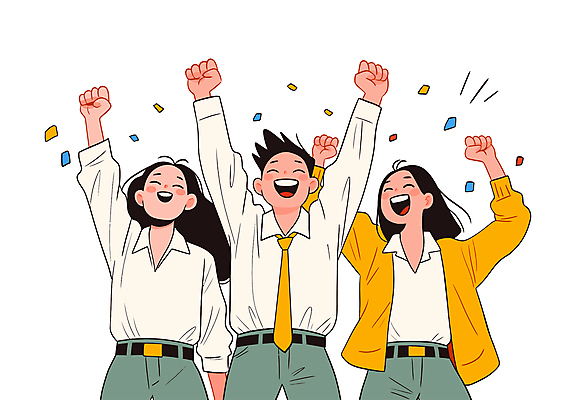 전신 여자 남자 일러스트 성공 웃음 정장 상반신 성인 세명 만세 직장인 동료 즐거움 꽃가루 성인만 국내일러스트 일러캐릭터 AI파일 직업 캐릭터 옷 감정 컨셉 관계 모션 표정 사람 가루 파일형식 벡터