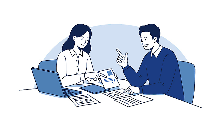 여자 남자 일러스트 회사 회의 대화 미소 들기 상반신 성인 두명 파란색 노트북 가리킴 업무 직장인 비즈니스맨 비즈니스우먼 문서 소통 성인만 국내일러스트 AI파일 직업 컬러 컨셉 비즈니스 모션 표정 말하기 사람 손짓 전자제품 작업 파일형식 벡터