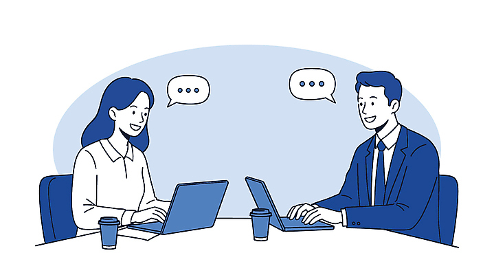 여자 남자 말풍선 일러스트 회사 회의 대화 미소 상반신 성인 두명 파란색 노트북 업무 직장인 비즈니스맨 비즈니스우먼 소통 테이크아웃컵 성인만 국내일러스트 AI파일 직업 컬러 컨셉 비즈니스 표정 말하기 사람 컵 전자제품 작업 파일형식 벡터