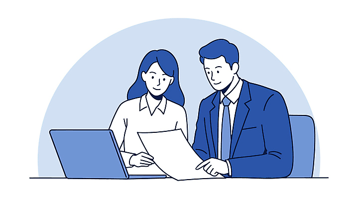 여자 남자 일러스트 회사 회의 대화 미소 들기 상반신 성인 두명 파란색 노트북 업무 직장인 비즈니스맨 비즈니스우먼 문서 소통 성인만 국내일러스트 AI파일 직업 컬러 컨셉 비즈니스 모션 표정 말하기 사람 전자제품 작업 파일형식 벡터