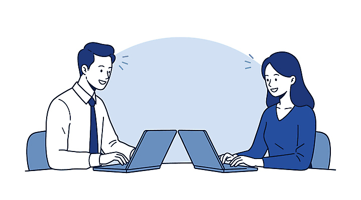 여자 남자 일러스트 회사 회의 대화 미소 상반신 성인 두명 파란색 노트북 업무 직장인 비즈니스맨 비즈니스우먼 소통 성인만 국내일러스트 AI파일 직업 컬러 컨셉 비즈니스 표정 말하기 사람 전자제품 작업 파일형식 벡터