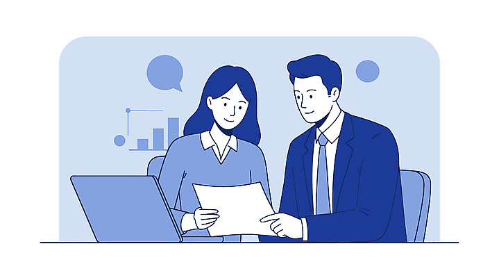 여자 남자 말풍선 일러스트 회사 회의 그래프 대화 미소 들기 상반신 성인 두명 파란색 노트북 업무 직장인 비즈니스맨 비즈니스우먼 소통 성인만 국내일러스트 AI파일 직업 컬러 컨셉 비즈니스 모션 표정 말하기 사람 전자제품 작업 파일형식 벡터