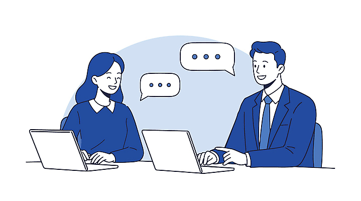 여자 남자 말풍선 일러스트 회사 회의 대화 미소 상반신 성인 두명 파란색 노트북 업무 직장인 비즈니스맨 비즈니스우먼 소통 성인만 국내일러스트 AI파일 직업 컬러 컨셉 비즈니스 표정 말하기 사람 전자제품 작업 파일형식 벡터