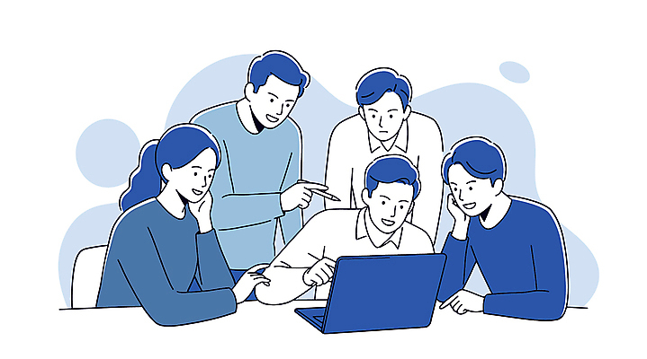 여자 남자 일러스트 회사 회의 대화 미소 들기 여러명 상반신 성인 파란색 노트북 펜 턱괴기 가리킴 업무 직장인 비즈니스맨 비즈니스우먼 소통 성인만 국내일러스트 AI파일 직업 컬러 다수 컨셉 비즈니스 모션 표정 말하기 사람 손짓 전자제품 필기구 작업 파일형식 벡터