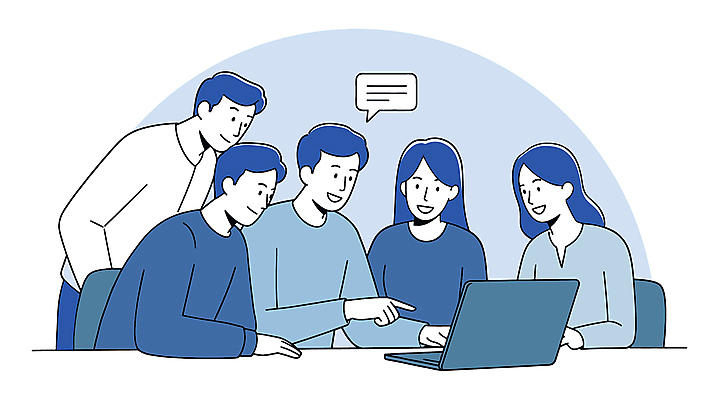 여자 남자 말풍선 일러스트 회사 회의 대화 미소 여러명 상반신 성인 파란색 노트북 가리킴 업무 직장인 비즈니스맨 비즈니스우먼 소통 성인만 국내일러스트 AI파일 직업 컬러 다수 컨셉 비즈니스 표정 말하기 사람 손짓 전자제품 작업 파일형식 벡터