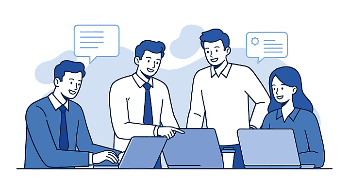 여자 남자 말풍선 일러스트 회사 회의 대화 미소 여러명 상반신 성인 파란색 노트북 가리킴 업무 직장인 비즈니스맨 비즈니스우먼 소통 성인만 국내일러스트 AI파일 직업 컬러 다수 컨셉 비즈니스 표정 말하기 사람 손짓 전자제품 작업 파일형식 벡터