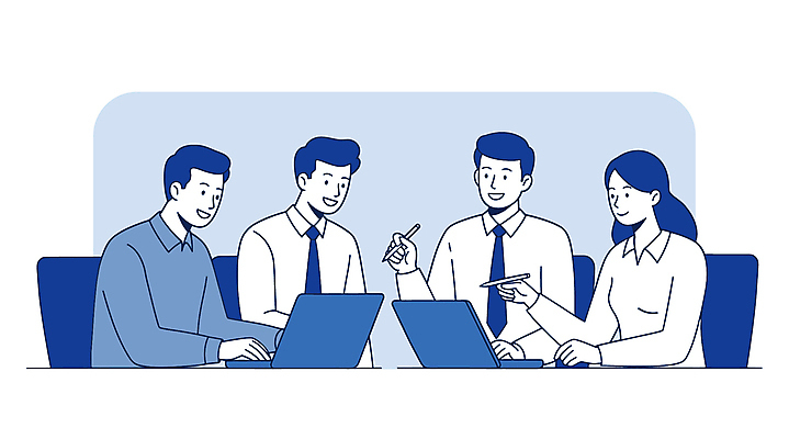 여자 남자 일러스트 회사 회의 대화 미소 들기 여러명 상반신 성인 파란색 노트북 펜 업무 직장인 비즈니스맨 비즈니스우먼 소통 성인만 국내일러스트 AI파일 직업 컬러 다수 컨셉 비즈니스 모션 표정 말하기 사람 전자제품 필기구 작업 파일형식 벡터