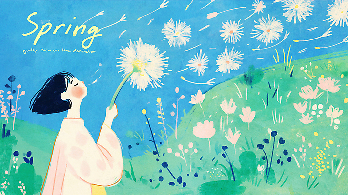 PSD 여자 일러스트 봄꽃 바람 한명 들기 잔디 상반신 성인 평화 눈감음 봄풍경 올려보기 풀잎 불기 감성 민들레홀씨 성인여자한명만 국내일러스트 자연요소 식물 1 꽃 컨셉 잎 모션 날씨 사람 풍경 봄 풀_식물 민들레 여자한명만 성인여자만 파일형식