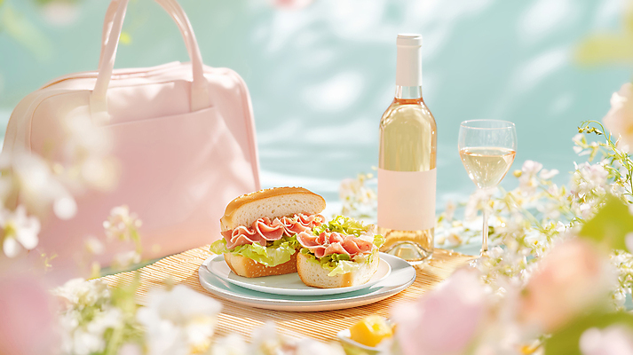 JPG 편집이미지 접시 꽃 분홍색 와인잔 가방 샌드위치 사람없음 햇빛 평화 와인병 점심식사 봄소풍 편집실사 AI포토 AI콘텐츠 식물 식기 잡화 음식 컬러 컨셉 술잔 병_용기 태양 소풍 와인 식사 봄 CG 파일형식