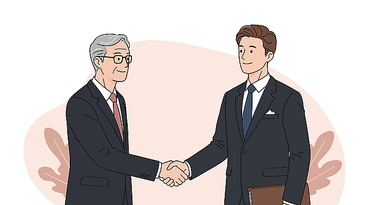 노년 남자 분홍색 일러스트 악수 미소 들기 상반신 성인 두명 책 남자만 멘토링 국내일러스트 AI파일 교육 컬러 모션 표정 사람 손짓 파일형식 벡터