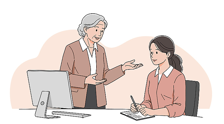 여자 노년 분홍색 일러스트 미소 상반신 성인 두명 펜 손들기 모니터 공책 기록 상담 여자만 멘토링 국내일러스트 AI파일 교육 컬러 모션 문구용품 표정 사람 컴퓨터 필기구 파일형식 벡터