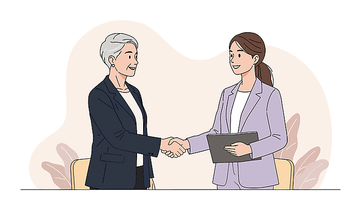 여자 노년 분홍색 일러스트 악수 미소 들기 상반신 성인 두명 문서 여자만 멘토링 국내일러스트 AI파일 교육 컬러 모션 표정 사람 손짓 파일형식 벡터