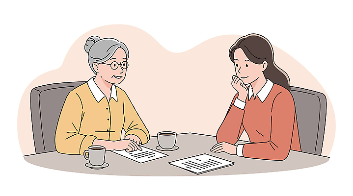 여자 노년 분홍색 일러스트 미소 상반신 성인 두명 턱괴기 커피잔 상담 문서 여자만 멘토링 국내일러스트 AI파일 교육 커피 컬러 모션 잔 표정 사람 파일형식 벡터