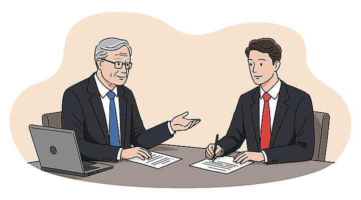 노년 남자 분홍색 일러스트 미소 들기 상반신 성인 두명 노트북 펜 손들기 기록 상담 문서 남자만 멘토링 국내일러스트 AI파일 교육 컬러 모션 표정 사람 전자제품 필기구 파일형식 벡터