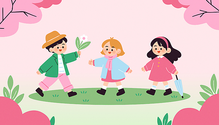 모자 여자 남자 어린이 분홍색 일러스트 우산 봄꽃 미소 들기 소녀 소년 잔디 세명 걷기 봄풍경 벚나무 숲속 봄소풍 어린이만 국내일러스트 AI파일 나무 식물 잡화 꽃 컬러 모션 표정 사람 풍경 소풍 봄 벚꽃 숲 파일형식 벡터