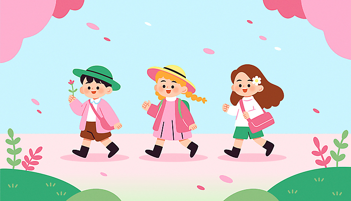 모자 여자 남자 꽃잎 어린이 분홍색 가방 일러스트 봄꽃 미소 들기 소녀 소년 세명 손들기 걷기 봄풍경 벚나무 숲속 봄소풍 어린이만 국내일러스트 AI파일 나무 잡화 꽃 컬러 모션 표정 사람 풍경 소풍 봄 벚꽃 숲 파일형식 벡터