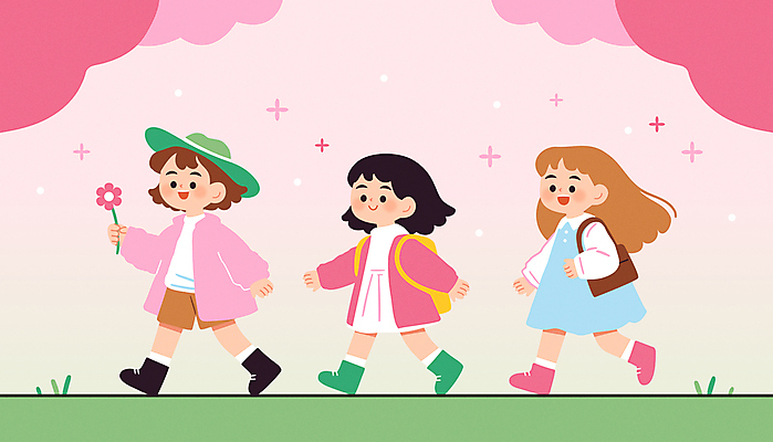 여자 어린이 분홍색 가방 일러스트 봄꽃 미소 들기 소녀 잔디 세명 걷기 봄풍경 벚나무 숲속 봄소풍 소녀만 국내일러스트 AI파일 나무 식물 잡화 꽃 컬러 모션 표정 사람 풍경 소풍 봄 벚꽃 숲 여자만 어린이만 파일형식 벡터