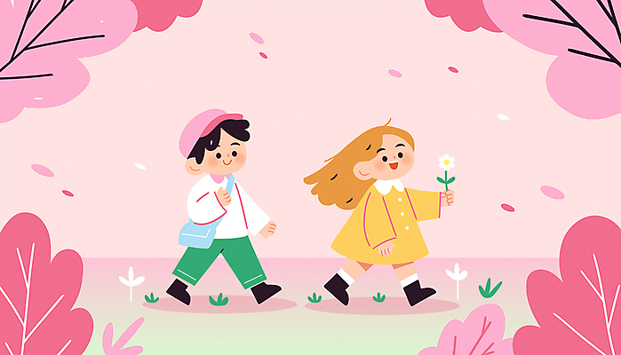 모자 여자 남자 꽃잎 어린이 분홍색 가방 일러스트 봄꽃 미소 들기 소녀 소년 두명 걷기 봄풍경 벚나무 숲속 봄소풍 어린이만 국내일러스트 AI파일 나무 잡화 꽃 컬러 모션 표정 사람 풍경 소풍 봄 벚꽃 숲 파일형식 벡터