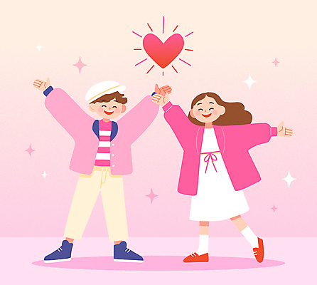 전신 모자 커플 여자 남자 행복 분홍색 일러스트 화이트데이 함께함 발렌타인데이 사랑 미소 성인 두명 반짝임 만세 하트 성인만 국내일러스트 AI파일 모양 잡화 감정 컬러 컨셉 관계 모션 데이이벤트 표정 사람 파일형식 벡터