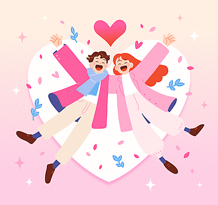 전신 커플 여자 남자 행복 분홍색 일러스트 화이트데이 함께함 발렌타인데이 사랑 미소 성인 두명 목도리 만세 하트 성인만 국내일러스트 AI파일 모양 잡화 감정 컬러 컨셉 관계 모션 데이이벤트 표정 사람 파일형식 벡터
