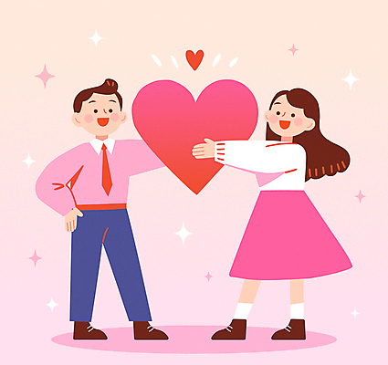 전신 커플 여자 남자 행복 분홍색 허리손 일러스트 화이트데이 함께함 발렌타인데이 사랑 미소 들기 성인 두명 반짝임 하트 성인만 국내일러스트 AI파일 모양 감정 컬러 포즈 컨셉 관계 모션 데이이벤트 표정 사람 파일형식 벡터