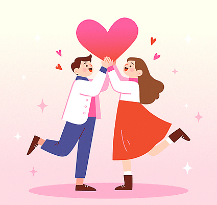 전신 커플 여자 남자 행복 분홍색 일러스트 화이트데이 함께함 발렌타인데이 사랑 미소 들기 성인 두명 반짝임 마주보기 하트 다리들기 성인만 국내일러스트 AI파일 모양 감정 컬러 컨셉 관계 모션 데이이벤트 표정 사람 파일형식 벡터