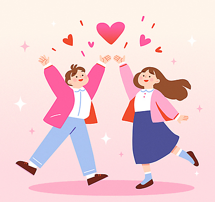 전신 커플 여자 남자 행복 분홍색 일러스트 화이트데이 함께함 발렌타인데이 사랑 미소 성인 두명 손들기 만세 하트 다리들기 성인만 국내일러스트 AI파일 모양 감정 컬러 컨셉 관계 모션 데이이벤트 표정 사람 파일형식 벡터