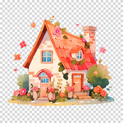 편집이미지 꽃 창문 동화 수채화 주택 굴뚝 누끼 사람없음 풀 PNG 아기자기 식물 컨셉 건물 파일형식
