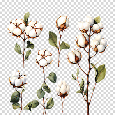 편집이미지 잎 수채화 따뜻함 누끼 사람없음 흰색 나뭇가지 PNG 목화꽃 목화솜 편집소스 나무 식물 꽃 컬러 솜 파일형식