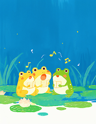 JPG 음표 일러스트 노래 개구리 들기 사람없음 파란색 연못 풀잎 악보 연잎 합창단 국내일러스트 AI일러스트 AI콘텐츠 기호 음악 컬러 잎 모션 양서류 풀_식물 그룹 합창 파일형식