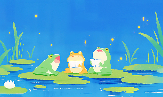 JPG 일러스트 노래 개구리 들기 사람없음 파란색 반짝임 연못 풀잎 악보 연잎 합창단 국내일러스트 AI일러스트 AI콘텐츠 음악 컬러 잎 모션 양서류 풀_식물 그룹 합창 파일형식