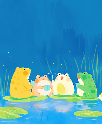 JPG 일러스트 노래 개구리 들기 사람없음 파란색 연못 풀잎 악보 연잎 합창단 국내일러스트 AI일러스트 AI콘텐츠 음악 컬러 잎 모션 양서류 풀_식물 그룹 합창 파일형식