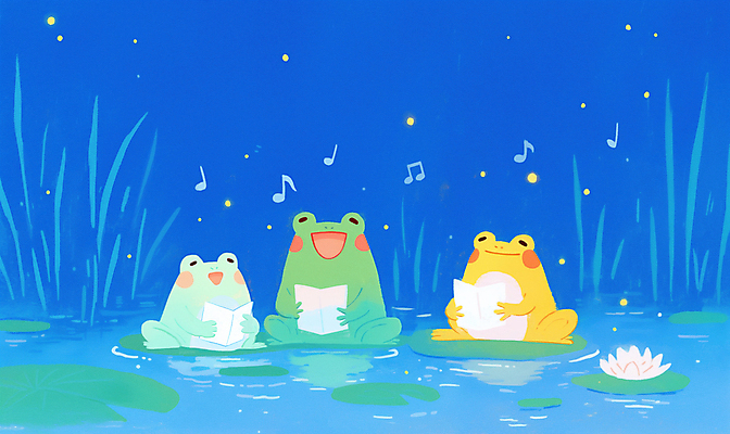 JPG 음표 일러스트 노래 개구리 들기 사람없음 파란색 연못 풀잎 악보 연잎 합창단 국내일러스트 AI일러스트 AI콘텐츠 기호 음악 컬러 잎 모션 양서류 풀_식물 그룹 합창 파일형식