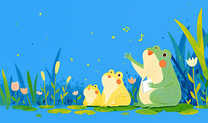 JPG 음표 일러스트 노래 개구리 들기 사람없음 파란색 연못 풀잎 악보 연잎 합창단 국내일러스트 AI일러스트 AI콘텐츠 기호 음악 컬러 잎 모션 양서류 풀_식물 그룹 합창 파일형식