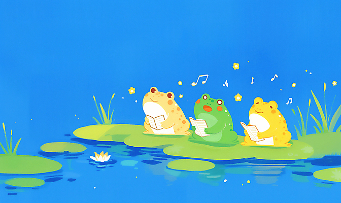 JPG 음표 일러스트 노래 개구리 들기 사람없음 파란색 연못 풀잎 악보 연잎 합창단 국내일러스트 AI일러스트 AI콘텐츠 기호 음악 컬러 잎 모션 양서류 풀_식물 그룹 합창 파일형식