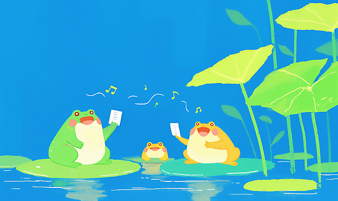 JPG 음표 일러스트 노래 개구리 들기 사람없음 파란색 연못 풀잎 악보 연잎 합창단 국내일러스트 AI일러스트 AI콘텐츠 기호 음악 컬러 잎 모션 양서류 풀_식물 그룹 합창 파일형식
