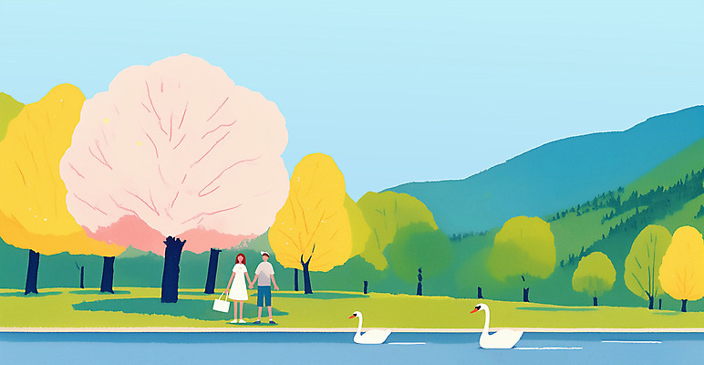 전신 PSD 커플 공원 여자 남자 호수 가방 일러스트 산 들기 성인 두명 손잡기 봄풍경 벚나무 백조 봄소풍 성인만 국내일러스트 나무 잡화 공공시설 관계 모션 조류 사람 풍경 소풍 봄 벚꽃 파일형식
