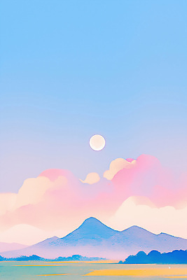 PSD 구름 하늘색 백그라운드 일러스트 밤하늘 산 풍경 사람없음 새벽 꿈 달 감성 몽환 국내일러스트 자연요소 컨셉 하늘 파란색 야간 파일형식