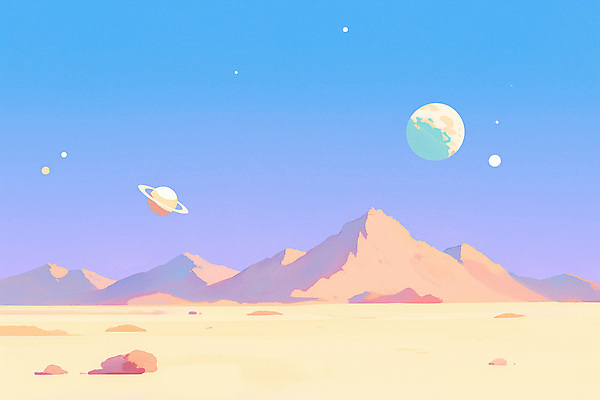 PSD 백그라운드 일러스트 밤하늘 산 풍경 사람없음 우주 꿈 사막 감성 토성 목성 몽환 국내일러스트 컨셉 하늘 행성 야간 파일형식