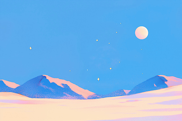 PSD 백그라운드 일러스트 밤하늘 산 풍경 사람없음 파란색 꿈 사막 달 감성 몽환 국내일러스트 자연요소 컬러 컨셉 하늘 야간 파일형식