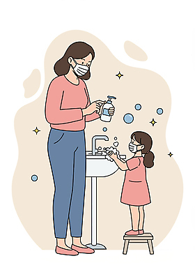 전신 PSD 여자 어린이 일러스트 모녀 소녀 성인 두명 반짝임 건강관리 비눗방울 바이러스 위생 세면대 예방 손씻기 비누거품 마스크착용 생활습관 여자만 미세먼지 일러캐릭터 캐릭터 딸 가족 모션 엄마 건강 관리 마스크 사람 거품 씻기 사회이슈 먼지 습관 파일형식