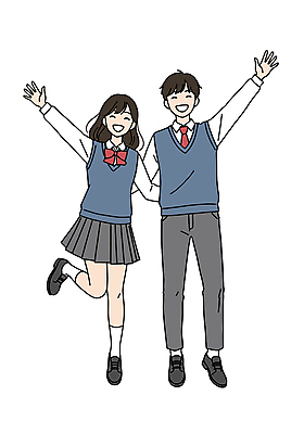 전신 PSD 학생 여자 남자 교복 허리손 일러스트 청소년 미소 두명 친구 손들기 활기 다리들기 십대만 국내일러스트 일러캐릭터 캐릭터 옷 포즈 컨셉 관계 모션 표정 사람 파일형식